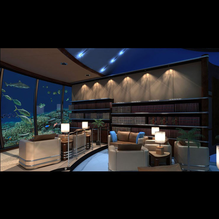 Salón de lectura submarina en impresionante hotel submarino sala poseidon undersea resort fiji