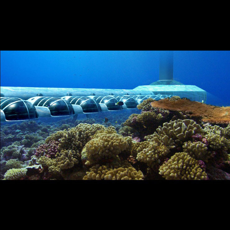 Vista exterior de las capsulas submarinas en un increíble hotel en Fiji suites lujosas vistas increibles